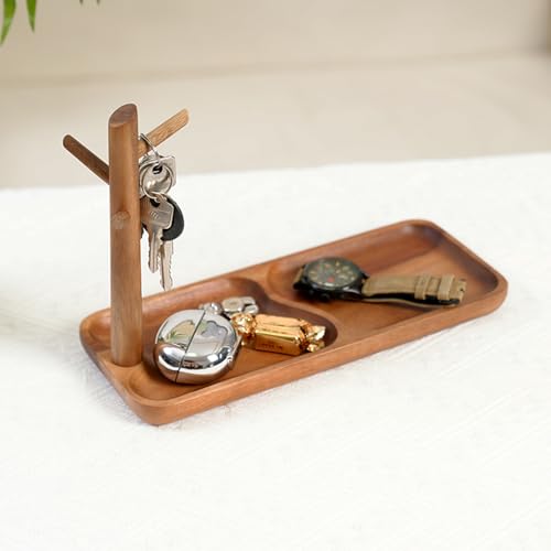 Wooden Jewelry Stand, 2-in-1 Entryway Key Tray & Desk Organizer, Multi-Compartment Vanity Jewelry Holder, Solid Wood Entryway Organizer for Necklaces, Rings, Earrings, Minimalist Home Decor