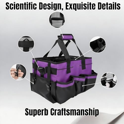 Tool Organizer Tote Bag, Pink and Black, Large Capacity with Adjustable Compartments, Portable Cleaning Storage Caddy, 14.96x10.63x9.06 Inches (Purple) - color: Purple