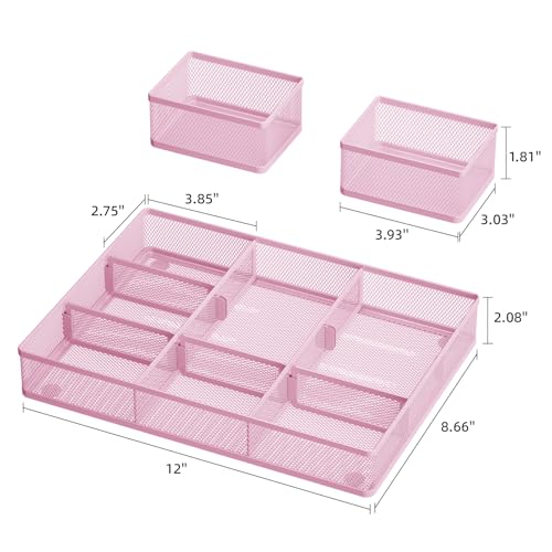 Marbrasse 3 Packs Desk Drawer Organizers, Metal Mesh Dividers with 9 Adjustable Compartments, Pen Organizer for Drawer Tray Box Accessories for Desktop,Kitchen, Makeup(Pink) - color: Pink