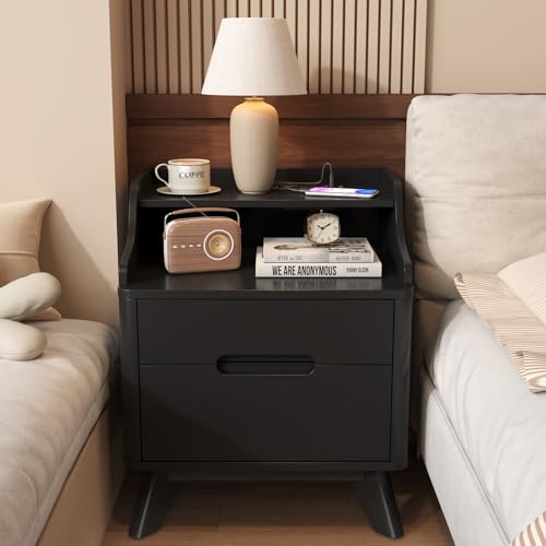 Black Night Stand with Charging Station, 21" Nightstand with Drawer/Open Shelves, Modern Nightstand w/2 Storage Drawers for Bedroom, Wood Bed Side Table End Table Bedside Table for Dorm, Home Office - color: Black, size: 15.8"D x 17.7"W x 21.7"H (2 Drawer