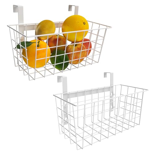 MaraFansie Basket with Hook, Grid Storage Basket, Over the Cabinet Door Organizer, Wire Hanging Basket with Hook Over the Railing, Under Sink Kitchen Cabinet, Pantry, Bathroom, White, 2 Pack - color: WHITE, size: 2 PACK