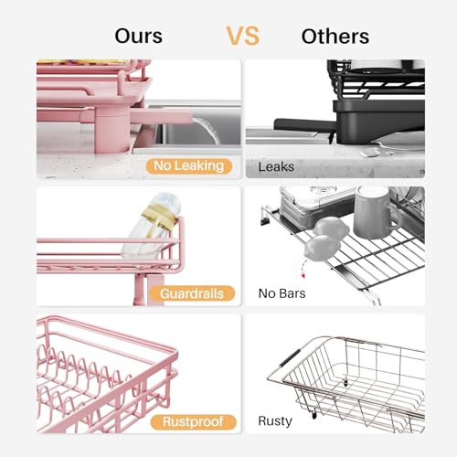 SNTD Dish Drying Rack - Extendable Dish Rack, Large Sink Drying Dish Drainer for Kitchen Counter, Stainless Steel Dish Strainer with Utensil Holder (Pink) - color: Pink