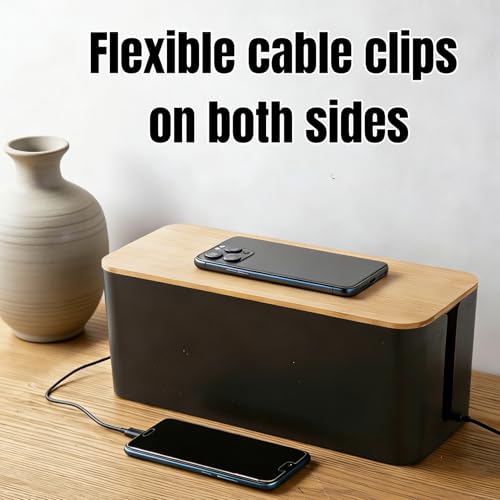 1 Large + 1 Small Cable Management Box Set – 2-Piece Cord Organizer Box, Home Office Desk Wire Storage & Cable Management Solution (Bamboo Lid/Black) - color: Bamboo Lid/Black