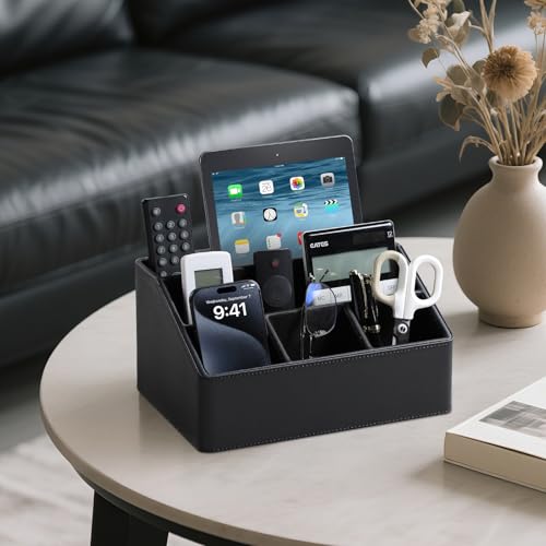 PU Leather Desk Organizer, Luxury Remote Control Holder for Home, Office Desk Accessories Table Caddy Bedside Nightstand Organizer (Black) - color: Black