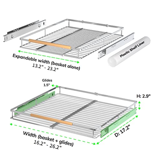 Adjustable Pull Out Shelves for Kitchen Cabinet, Expandable Pull Out Drawders for Cabinets, Pull Out Cabinet Organizer Roll Out Drawers, Stainless Steel, Cabinet Width 16.2" - 26.2", 1 Pack - color: 1 Pack, size: Medium (16.2"~26.2") W x 17.2" D