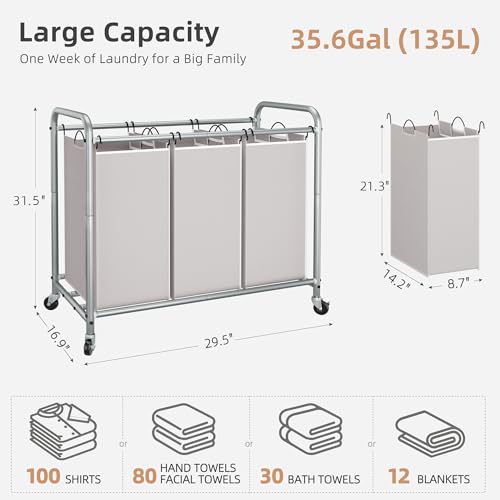 STORAGE MANIAC 3 Section Laundry Sorter, 35.6 Gal (135 L) Laundry Hamper Cart with Heavy Duty Rolling Lockable Wheels and Removable Bags, Clothes Organizer Basket Clothes Separator Hamper, Gray - color: Gray, size: 3 Section