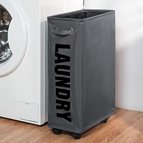 DOKEHOM 25-Inches Slim Laundry Basket on Wheels, Collapsible Rolling Laundry Hamper, Foldable Narrow Corner Clothes Storage Bins (Dark Grey) - color: Dark Grey/M, size: Slim Plus 25"