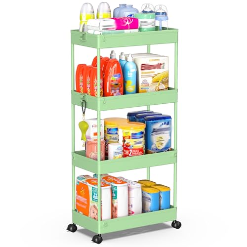 SPACEKEEPER Storage Cart 4-Tier, Bathroom Rolling Cart Utility Storage Organizer Shelf Mobile Shelving Unit for Kitchen Living Room Bathroom Laundry Room & Dressers, Green - color: Green, size: 4 Tier