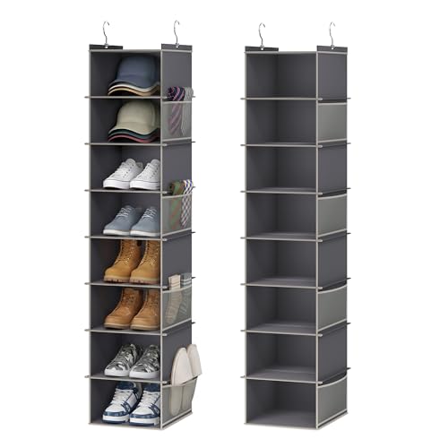 YOUDENOVA Upgraded Extra Wide Hanging Shoe Organizer for Closet, 8-Shelf Storage Organizer with 8 Side Pockets, Hanging Shoe Rack for Hats Clothes Jeans, 2 Packs, Grey - color: Grey, size: 2 Pack