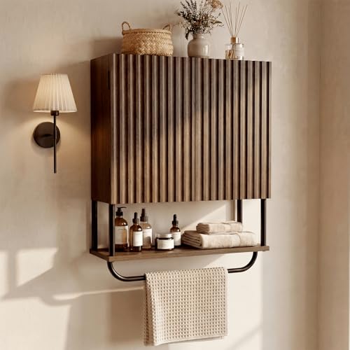 Farmhouse Fluted Bathroom Wall Cabinet,3-Tier Curved Profile Wooden Medicine Cabinet with 2 Doors,Over the Toilet Storage Cabinet Walnut Wall Mounted with Adjustable Shelf and Towel Bar - color: Dark Walnut, size: Small