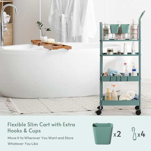 danpinera Rolling Utility Cart with Wheels, 4 Tier 7.7'' Metal Rolling Narrow Storage Cart with Hooks and Hanging Cups on Wheels for Bathroom, Kitchen, Office and Small Spaces, Green - color: Green, size: Slim (4 tier)