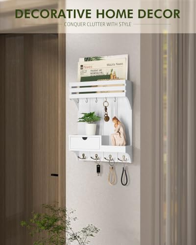 Rebee Vision Decorative Key Holder Wall Mount for Home Decor - Stylish Mail Organizer with 9 Key Hooks and Mini Drawer Organizer for Apartment Essentials - Room Decor Aesthetic (White) - color: White, style: Small Drawer