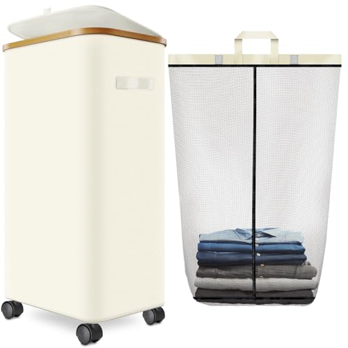 Laundry Hamper with Wheels,29 Gal (110L) Laundry Basket with lid Rolling Clothes Hamper Foldable Dirty Clothes Basket on wheels with Bamboo Frame and Bag for Bedroom, Dorm, Laundry Room-White - color: off White, size: 110 L