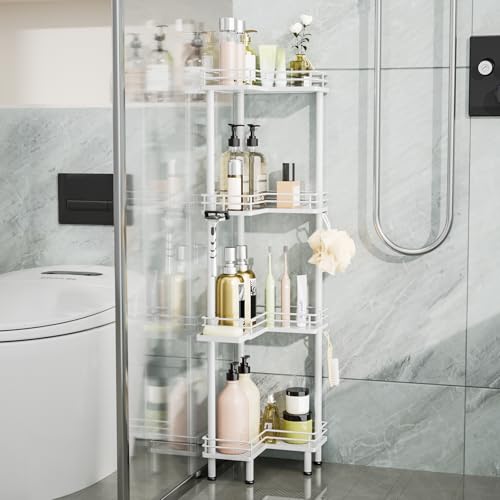 Consumest Corner Shower Caddy Standing - 4-Tier Stainless Steel Shower Organizer with Soap Holder and 4 Hooks, Large Capacity Corner Shelf Stand for Bathroom, Rest Room, White - color: White, size: 4 Tier