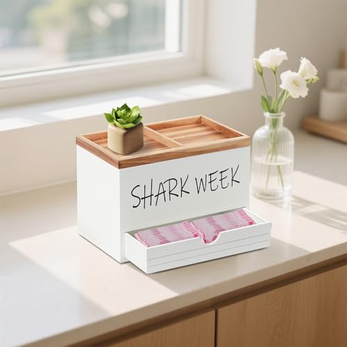 Tampon Holder for Bathroom, Feminine Product Organizer with Lid and Drawer, Wood Shark Week Tampon Storage, Lady Stuff Box for Bathroom Accessories and Toilet Organizer