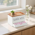 Tampon Holder for Bathroom, Feminine Product Organizer with Lid and Drawer, Wood Shark Week Tampon Storage, Lady Stuff Box for Bathroom Accessories and Toilet Organizer
