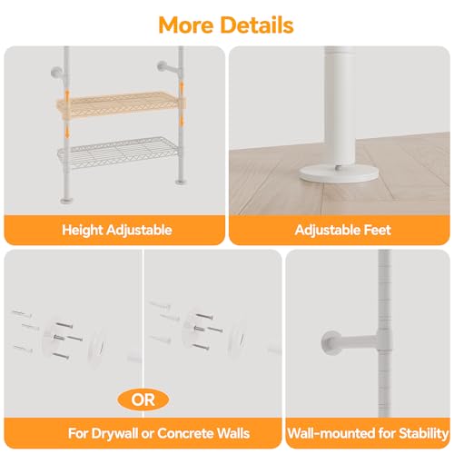 Higeego W5 Wall Mounted Expandable Clothes Rack, 9-12 ft Wide Adjustable Clothing Rack with Extended Rod Closet Organizer System Industrial Pipe Garment Rack for Reach in Closet 1300LB Capacity, White - color: White
