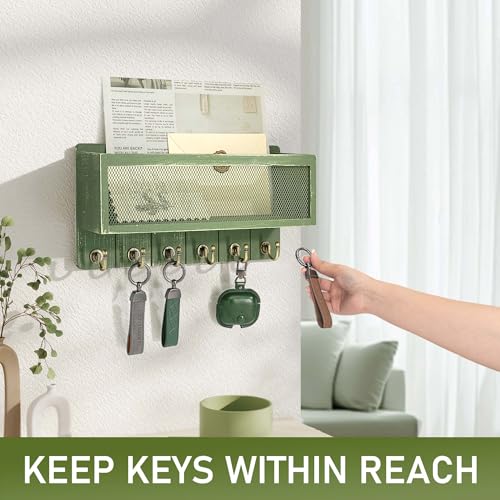 Rebee Vision Pine Wood Mail and Key Holder for Wall Decorative – Key Holder Wall Mount with Hooks and Mail Basket for Home Essentials – Wooden Farmhouse Storage Rack for Apartment (Green) - color: Green