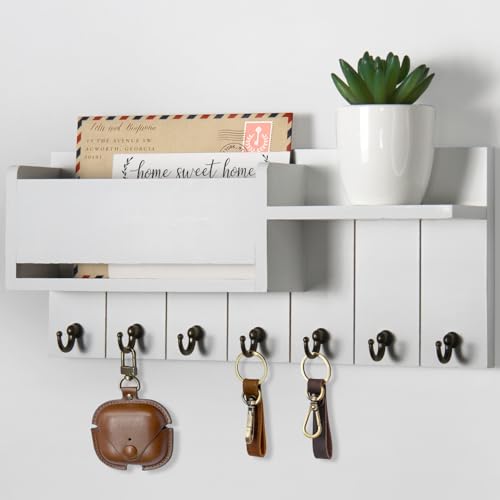 RelaxScene Key Holder Wall Mount - Decorative Key Rack and Mail Organizer with 7 Key Hooks - Wooden Key Hanger with Shelf for Living Room Decor - Rustic Farmhouse Home Entryway Aesthetic Essentials - color: White, size: L(13.8''x6'')