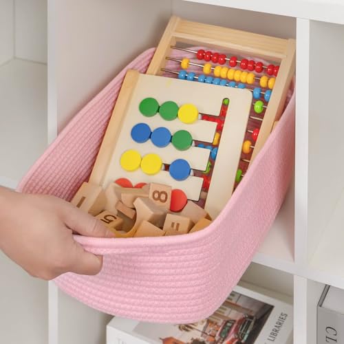 CubesLand Cute and Durable Small Cotton Rope Basket for Organizing, Woven Closet Storage Bin,Shelves Closet Storage Basket, Bathroom Storage Organizer Bin, Nursery Toy Basket Bin, Pink Basket - color: Pink, size: 14''x10''x5''
