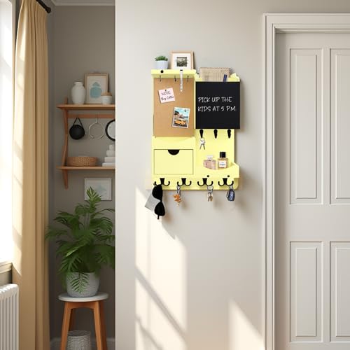 Key Holder Wall Mount， Mail Organizer Key Holder for Wall with Shelf, Drawer, Chalkboard, Corkboard, Home Decor Wall Mounted for Room Entryway (Ivory Yellow) - color: Ivory Yellow, size: Vertical