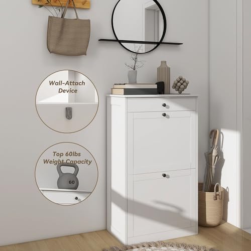 FTZxHKLX Shoe Cabinet with 2 Flip Drawers, Slim Freestanding Hidden Shoe Organizer with Drawer, Pet-Proof Shoe Storage Cabinet for Entryway Living Room Behind The Door, White - color: White, size: 1pcs