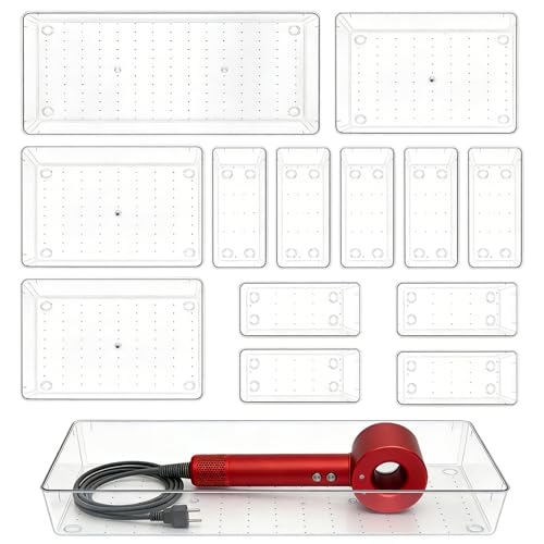 14 Pcs Clear Plastic Drawer Organizer Tray with 2 Pcs 15"x6" Extra Large Trays, Multi-Purpose Storage Bins for Vanity, Makeup, Kitchen Utensils, Bathroom, Office Desk, Auto Tools & Craft Supplies - size: 2 Pack 15×6", 3 Pack 9×6", 9 Pack 3×6"