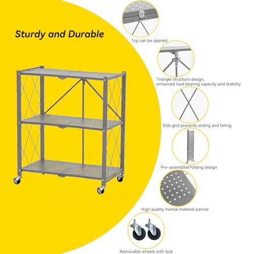 BRIAN & DANY 3-Tier Foldable Storage Shelves with Wheels, No Assembly Folding Shelf Metal Rack, Shelving Unit for Kitchen, Garage, Gray - color: Grey, size: 3-tier