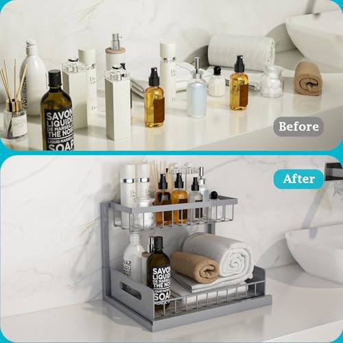 REALINN Under Sink Organizer, Pull Out Cabinet Organizer 2 Tier Slide Out Sink Shelf Cabinet Storage Shelves, Storage for Kitchen Bathroom, Grey, 1 Pack - color: Grey, size: 1 Pack