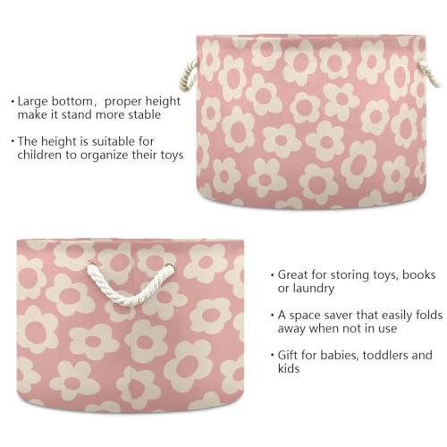 Vintage Pink Flower Print Round Storage Basket Cute Floral Large Laundry Hamper 20 x 20 x 14 Inches Organizer Bin with Cotton Rope Handles Clothes Storage Bag for Nursery Bedroom Living Room Decor - color: Pink