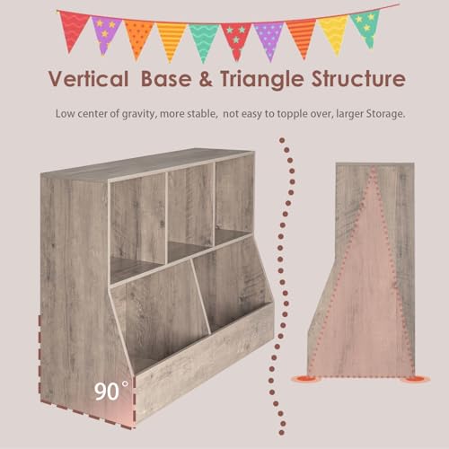 DINZI LVJ Toy Storage Organizer, Kids Bookshelf, Wood Toy Storage Cabinet, 5 Cubby Children Bookcase, 43.3" L Toddler Book Shelf for Playroom, Living Room, Nursery, Hallway, School, Greige - color: Greige, size: 2-Tier 43.3"