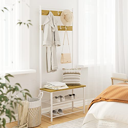 Hall Tree with Bench and Shoe Storage, 3-in-1 Coat Rack Shoe Bench, Freestanding Wooden Coat Rack with Metal Frame, 3-Tier Storage Shelf and 9 Removable Hooks, White/Walnut - color: 1.white Hall Tree