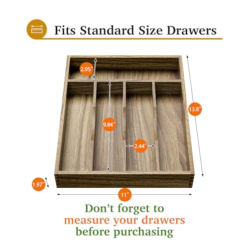 Kiasthome Acacia Wood Silverware Drawer Organizer, Kitchen Utensil Cutlery Drawer Organizer with Grooved Dividers, Flatware Organizer Silverware Tray Holder for Spoon, Fork, 11''x13.8'' (5 Slots) - size: 5 Slots