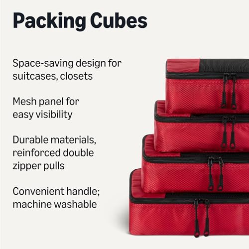 Amazon Essentials 4-Piece Space-Saving Packing Cubes Travel Accessories Set, Luggage Organizer with Double Zipper, Mesh Top, Small, Red (Previously Amazon Basics) - color: Red, size: 4 x Small