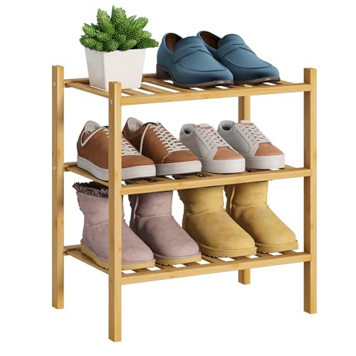 BMOSU 3-Tier Bamboo Small Shoe Rack Premium Stackable Shoe Shelf Storage Organizer for Hallway Closet Living Room Entryway Organizer (Natural Bamboo) - color: Natural Bamboo, size: Small-3-Tier（17*11*18.3inches）