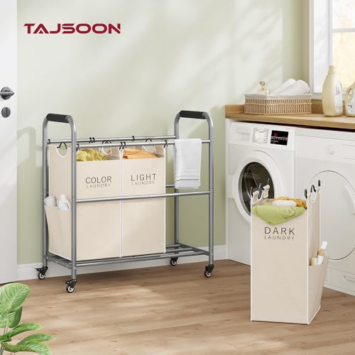 Tajsoon 3 Bag Laundry Sorter Cart, Laundry Hamper Sorter Basket with Heavy Duty Lockable Rolling Wheels for Clothes Storage, Beige - color: Beige, size: 3 Bag