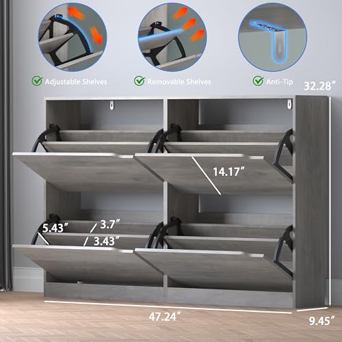BORNOON Shoe Cabinet with 4 Flip Drawers, Narrow Hidden Shoe Storage Cabinet, Slim Freestanding Shoe Rack Organizer for Entryway, Hallway, Bedroom, Living Room - color: Grey, size: 4 Drawers