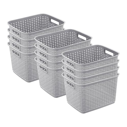 Sterilite 12-Pack Tall Weave Basket, Wicker-Style Plastic Open Storage Bin, Cement Gray - Multi-Purpose Decorative Organizer for Laundry Area, Shelves, Closets, Pantries, Living Rooms or Offices - size: 12 Pack