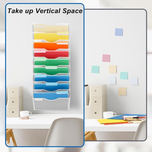 EASEPRES 10 Pocket Mesh Hanging Wall File Organizer, Wall Mounted Mail Paper Document Folder Holder, Clipboard Storage Organization Magazine Rack with Nametag Label for Office Home School, White - color: White, size: 10 Tier