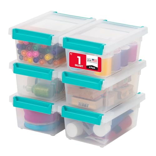 IRIS USA 1 Qt. Craft Storage Bins with Lids, 6-Pack, |Made in USA|, Clip Box, Small Plastic Sensory Bin Tote Organizer Containers for Art Supplies, Paper, & Office, Stackable - Clear/Seafoam Blue - size: 1 Qt. - 6 Pack