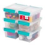 IRIS USA 1 Qt. Craft Storage Bins with Lids, 6-Pack, |Made in USA|, Clip Box, Small Plastic Sensory Bin Tote Organizer Containers for Art Supplies, Paper, & Office, Stackable - Clear/Seafoam Blue - size: 1 Qt. - 6 Pack