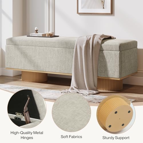 Tribesigns 50.39" Storage Bench with Padded Seat Cushion, Upholstered Shoe Bench with Flip Up Storage for Bedroom, Living Room, Entryway, Load up to 330 lb, Beige + Wood Color