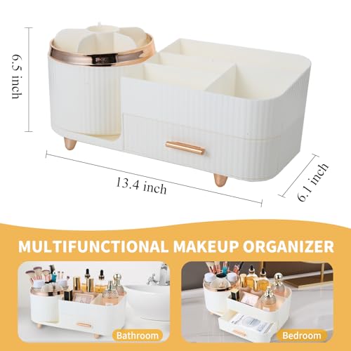 Makeup Organizer Countertop with Drawer 360 Rotating Brush Holder Storage Large Capacity Skincare Cosmetic Display Cases for Vanity Bathroom Desktop, Model 3016 White - color: White