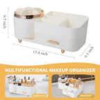 Makeup Organizer Countertop with Drawer 360 Rotating Brush Holder Storage Large Capacity Skincare Cosmetic Display Cases for Vanity Bathroom Desktop, Model 3016 White - color: White