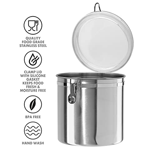 Oggi Stainless Steel Kitchen Canister 152 fl oz - Airtight Clamp Lid, Clear See-Thru Top - Ideal for Kitchen Storage, Food Storage, Pantry Storage. Jumbo Size 8" x 8". - color: Stainless Steel, size: 152 Fluid Ounces, style: Airtight Canister