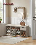 VASAGLE Custos Collection - Storage Bench, Entryway Bench with Cushion, Drawer and Open Compartments, Bench with Storage, Living Room, Bedroom, Closet, Heather Greige and Cappuccino Beige ULHS024K02 - color: Heather Greige + Cappuccino Beige
