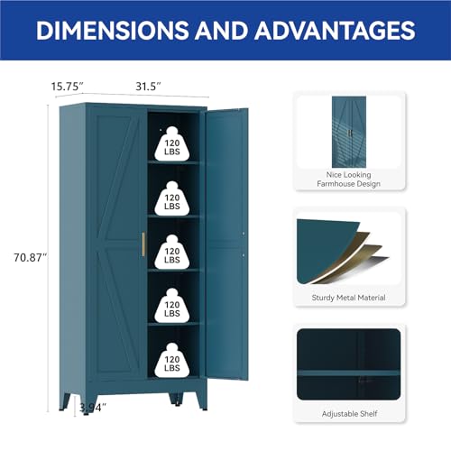 COFaR Metal Pantry Cabinet with Doors, Farmhouse 71'' Tall Storage Cabinet with 4 Adjustable Shelves, Kitchen Pantry Cabinet for Dinning Room, Laundry, Peacock Blue 5-Tier - color: Peacock Blue, size: 71 Tall 2 Doors-Farmhouse