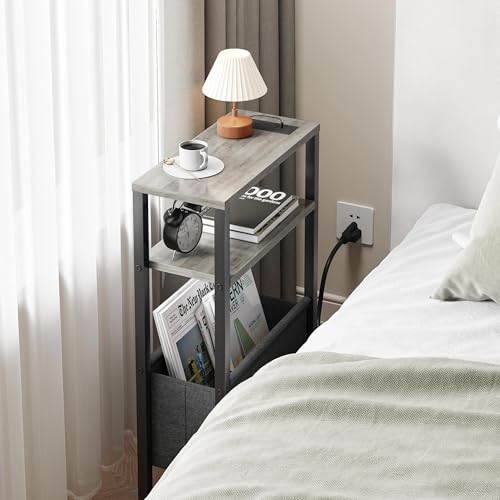 Narrow Side Table with Charging Station Slim End Table Sofa with Magazine Rack, Bedside Table for Small Spaces, 3 Tier Nightstand for Living Room Couch, Bedroom Oak Grey LET503QE - color: Oak Grey