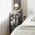 Narrow Side Table with Charging Station Slim End Table Sofa with Magazine Rack, Bedside Table for Small Spaces, 3 Tier Nightstand for Living Room Couch, Bedroom Oak Grey LET503QE - color: Oak Grey