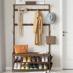 AMBIRD Hall Tree with bench and shoe storage, Entryway Bench with shoe storage, 6-in-1 Coat Rack with Cloth Bag and14 Coat Hooks, Sturdy Bamboo Frame, Large Size, Brown 39 * 15 * 70 Inches - style: Classic, 39'' L